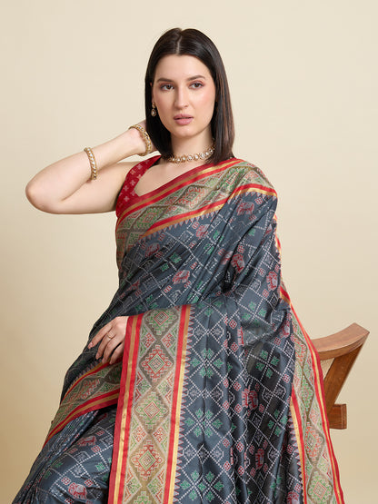 SATRANI NAVY PRINTED SAREE WITH UNSTITCHED BLOUSE