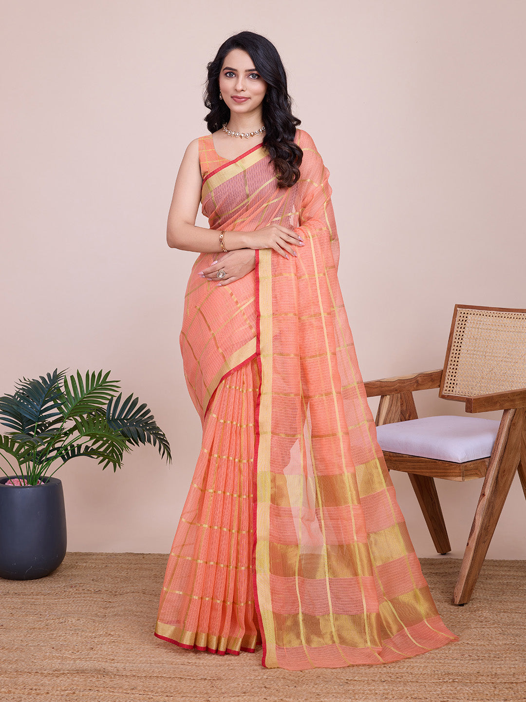 NIMIDIYA PEACH ZARI WOVEN KOTA DORIA SILK SAREE