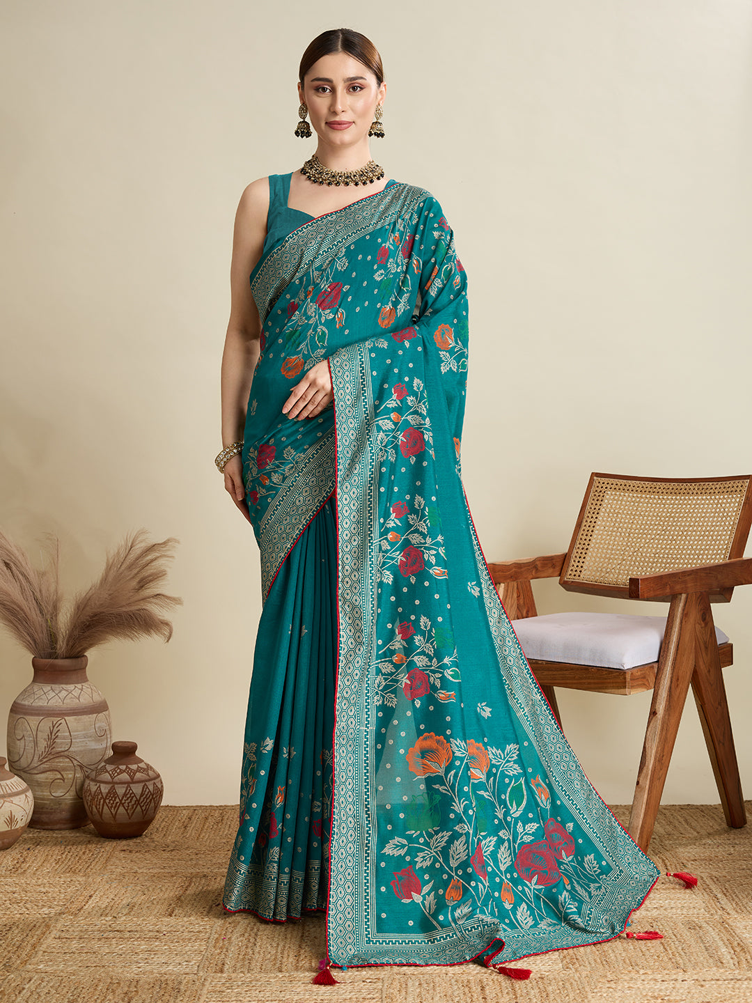 TEAL PRINTED COTTON SAREE WITH BLOUSE PIECE
