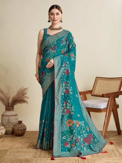 TEAL PRINTED COTTON SAREE WITH BLOUSE PIECE