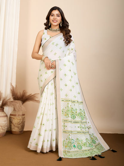 GAJJI PRINTED PARTY WEAR COTTON SILK SAREE &amp; COTTON LINEN SAREE