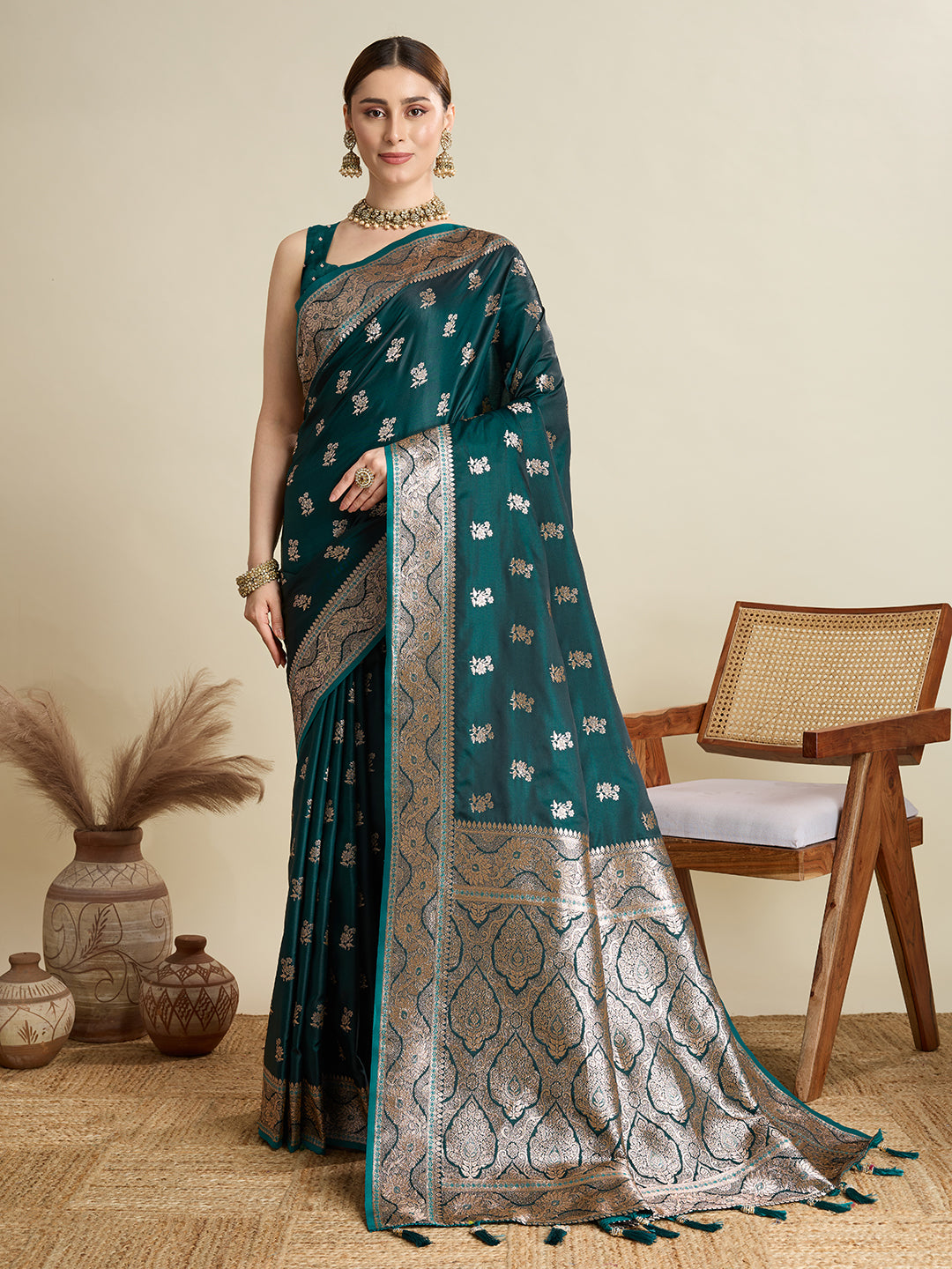 SMRITI TEAL PURE SILK SAREE FEATURING TRADITIONAL BANARSI ZARI WEAVING PATTERNS