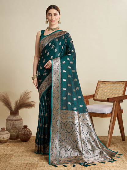 SMRITI TEAL PURE SILK SAREE FEATURING TRADITIONAL BANARSI ZARI WEAVING PATTERNS