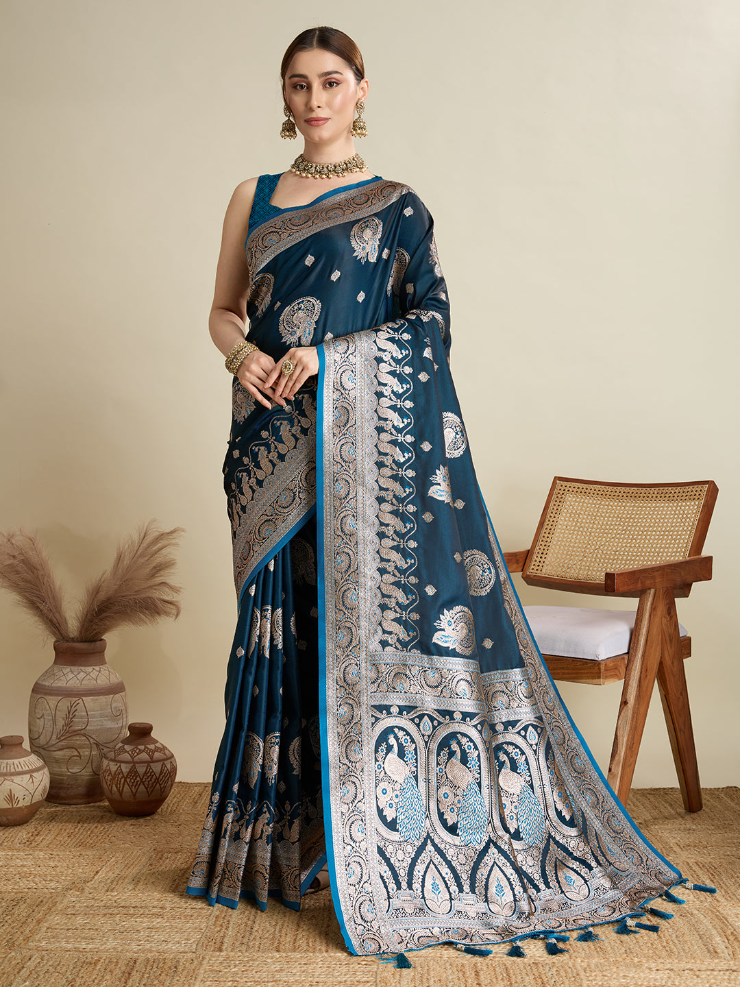 KAVYA BLUE SATIN SILK ZARI WOVEN SAREE