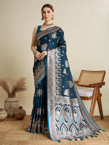 KAVYA BLUE SATIN SILK ZARI WOVEN SAREE