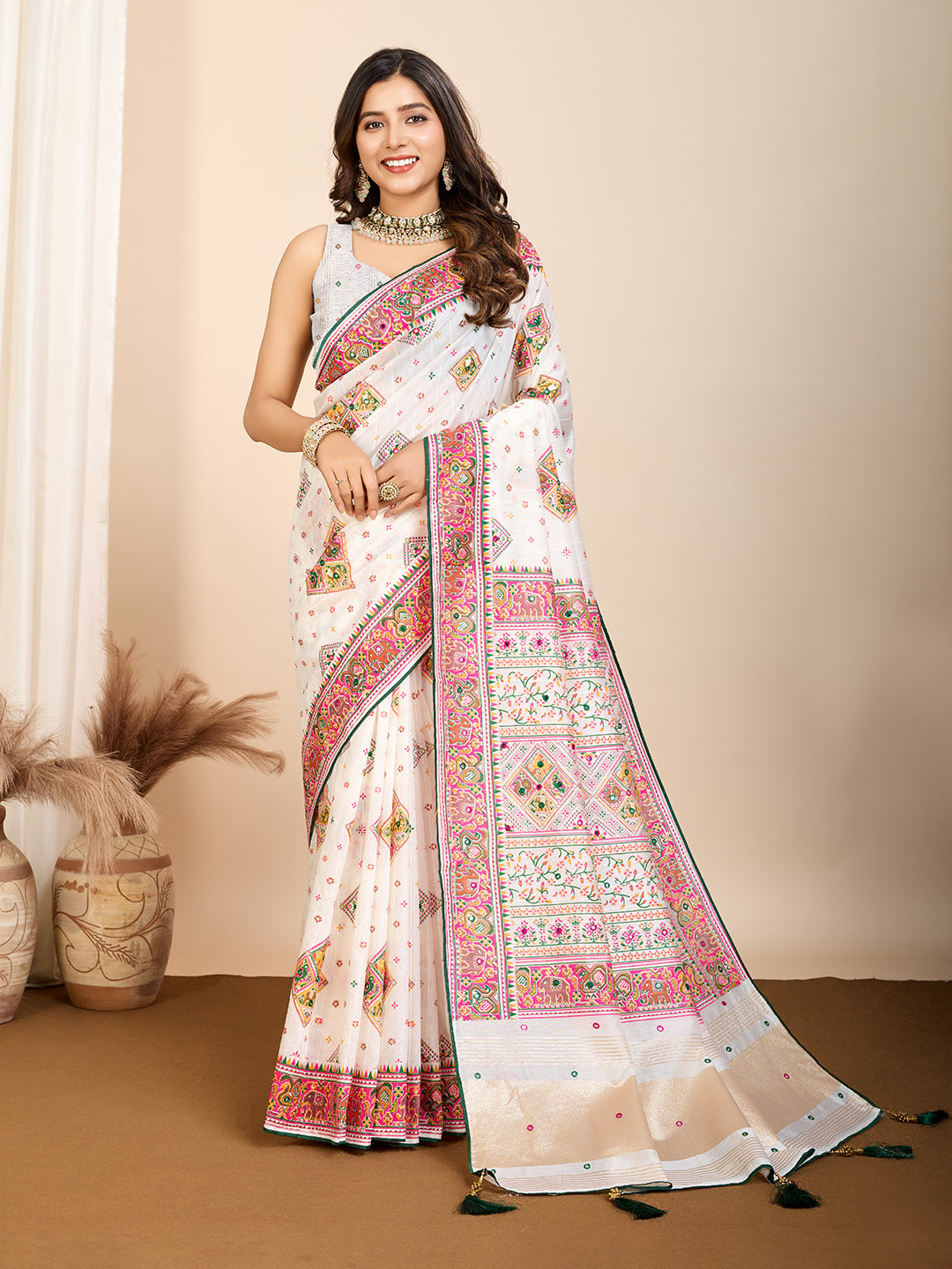 WHITE RAJWADI PASHMINA SILK BLEND WEAVING KASHMIRI THREAD WOVEN SAREE
