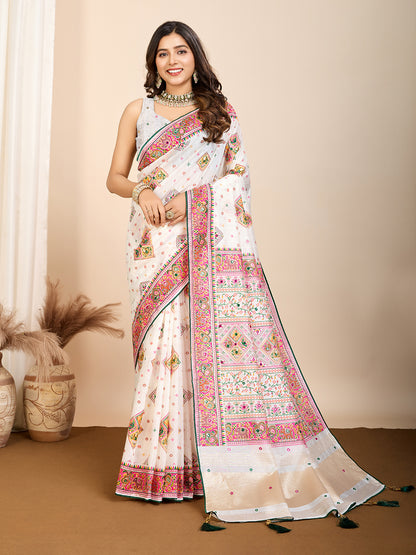 WHITE RAJWADI PASHMINA SILK BLEND WEAVING KASHMIRI THREAD WOVEN SAREE