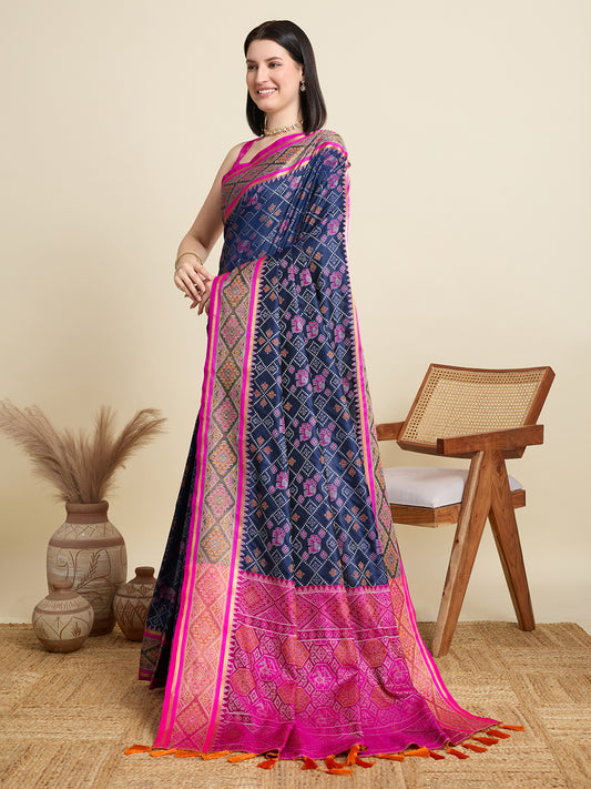 SATRANI NAVY PRINTED SAREE WITH UNSTITCHED BLOUSE