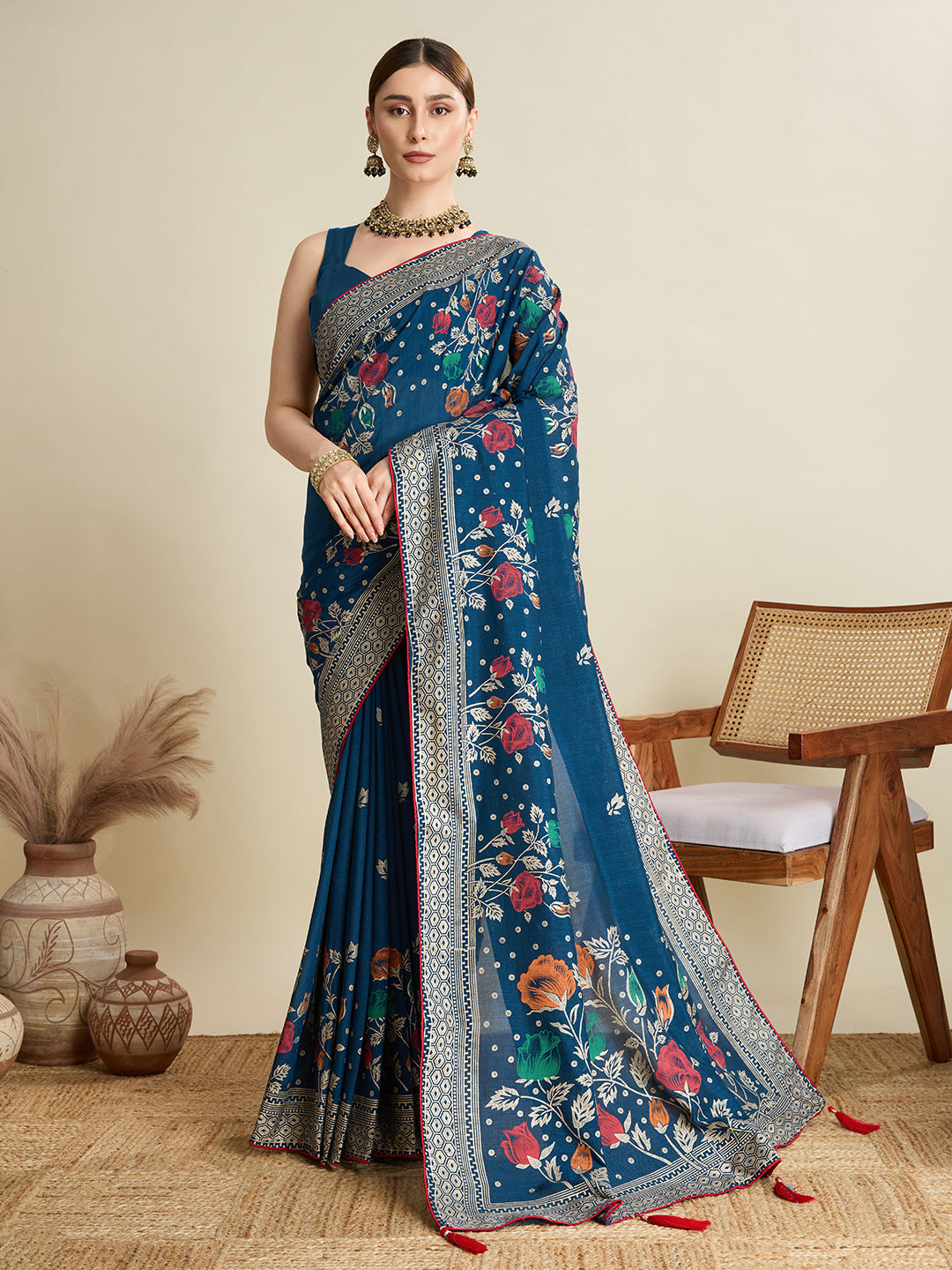 TEAL PRINTED COTTON SAREE WITH BLOUSE PIECE