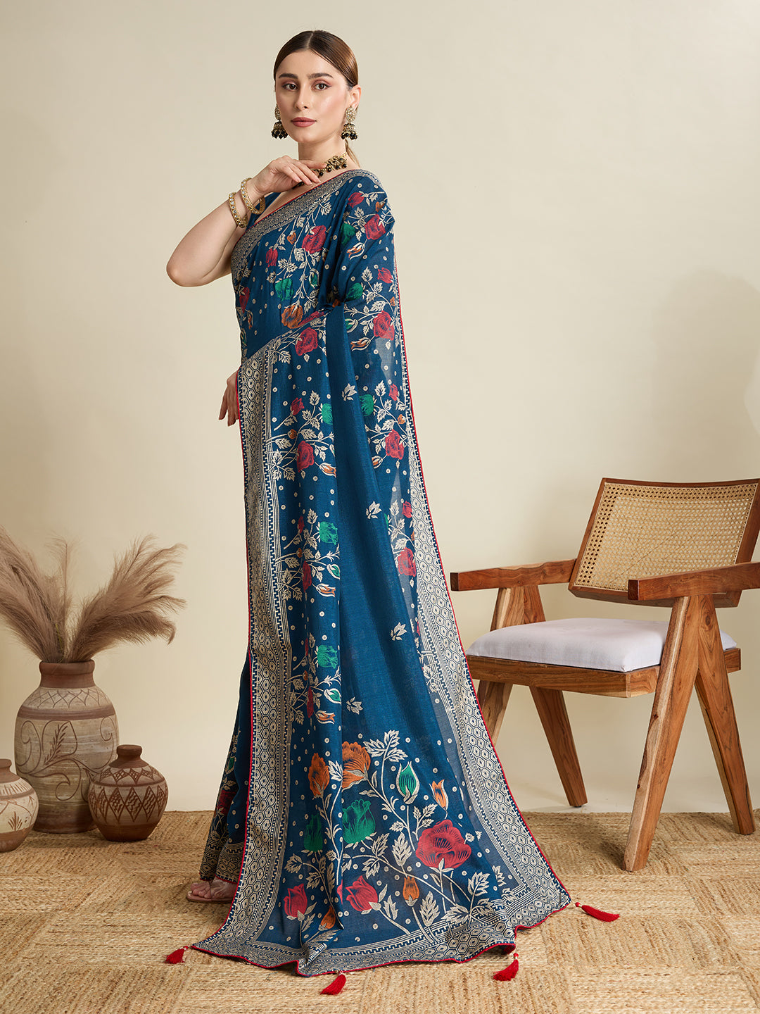 TEAL PRINTED COTTON SAREE WITH BLOUSE PIECE