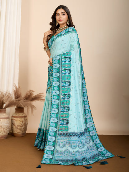 VEDANTA VASTRAM MASLIN COTTON DIGITAL PRINTED EMBROIDERED WORK SAREE