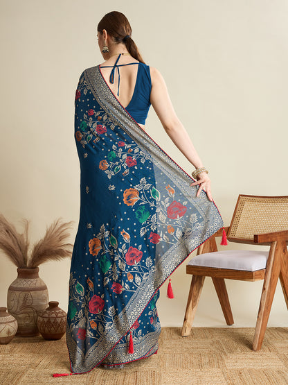 TEAL PRINTED COTTON SAREE WITH BLOUSE PIECE