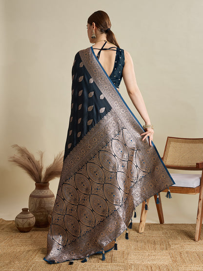 ANNU TEAL PURE SILK SAREE FEATURING TRADITIONAL BANARSI ZARI WEAVING PATTERNS