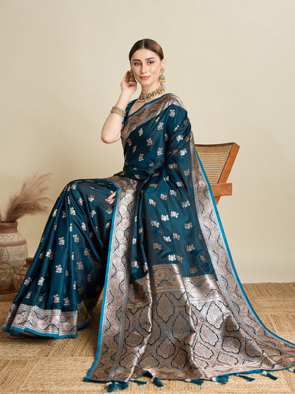 SMRITI TEAL PURE SILK SAREE FEATURING TRADITIONAL BANARSI ZARI WEAVING PATTERNS