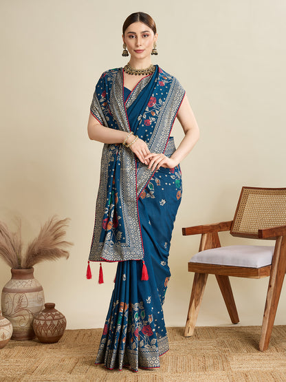 TEAL PRINTED COTTON SAREE WITH BLOUSE PIECE