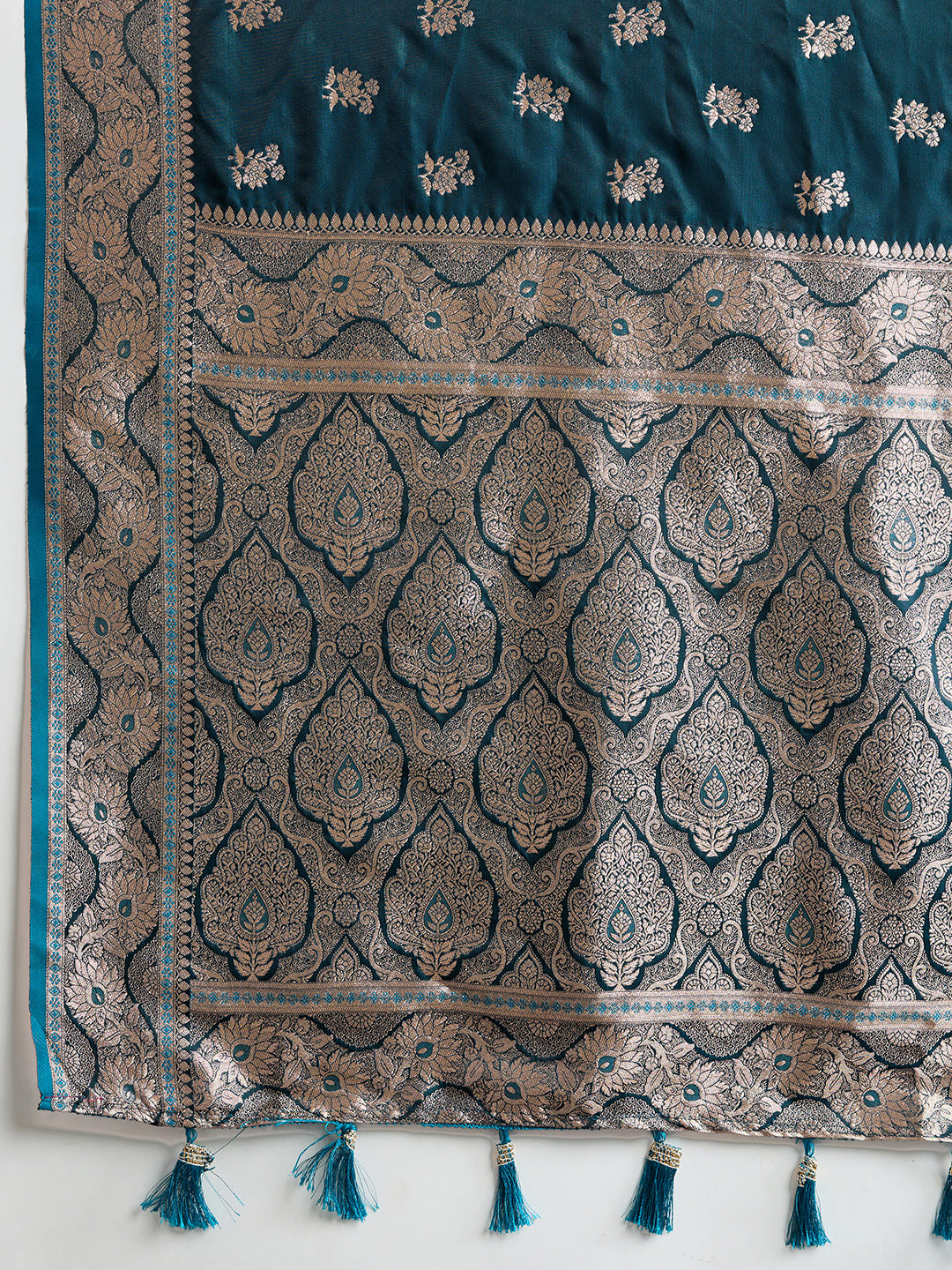 SMRITI TEAL PURE SILK SAREE FEATURING TRADITIONAL BANARSI ZARI WEAVING PATTERNS