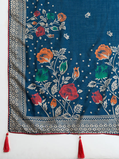 TEAL PRINTED COTTON SAREE WITH BLOUSE PIECE