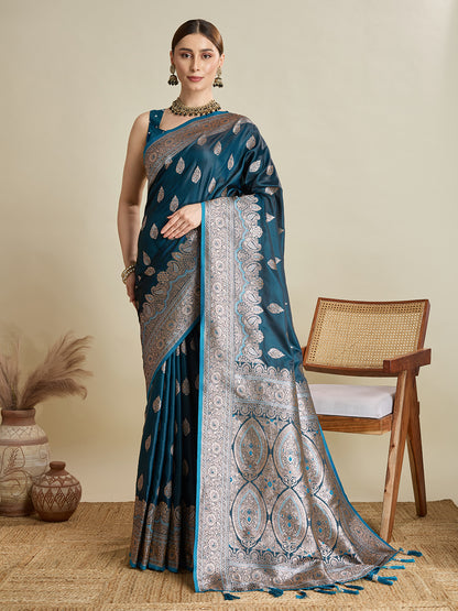 ANNU TEAL PURE SILK SAREE FEATURING TRADITIONAL BANARSI ZARI WEAVING PATTERNS