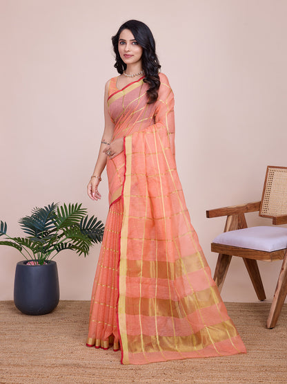 NIMIDIYA PEACH ZARI WOVEN KOTA DORIA SILK SAREE