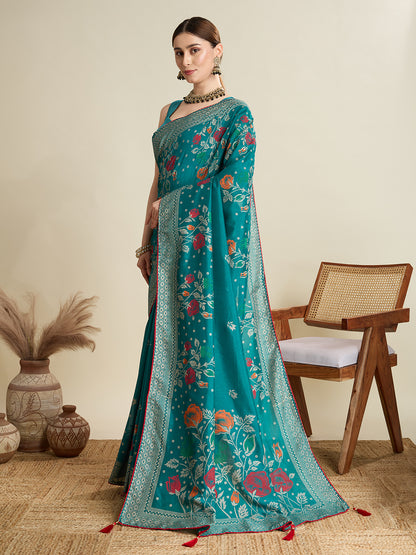 TEAL PRINTED COTTON SAREE WITH BLOUSE PIECE