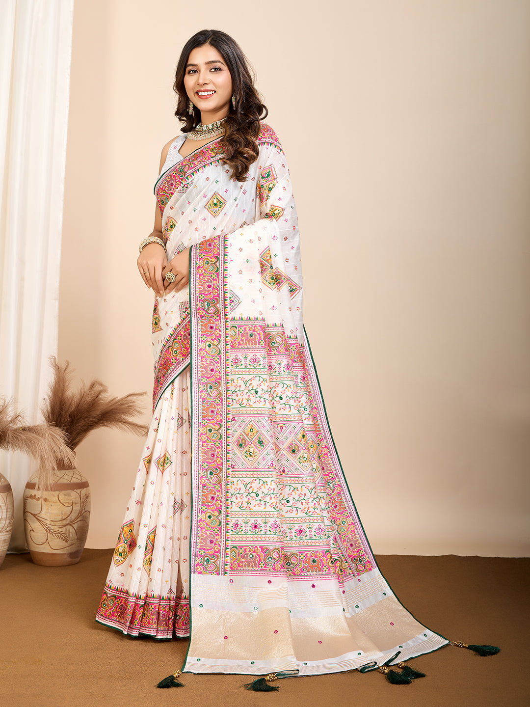 WHITE RAJWADI PASHMINA SILK BLEND WEAVING KASHMIRI THREAD WOVEN SAREE