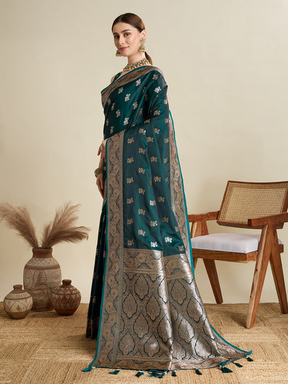 SMRITI TEAL PURE SILK SAREE FEATURING TRADITIONAL BANARSI ZARI WEAVING PATTERNS