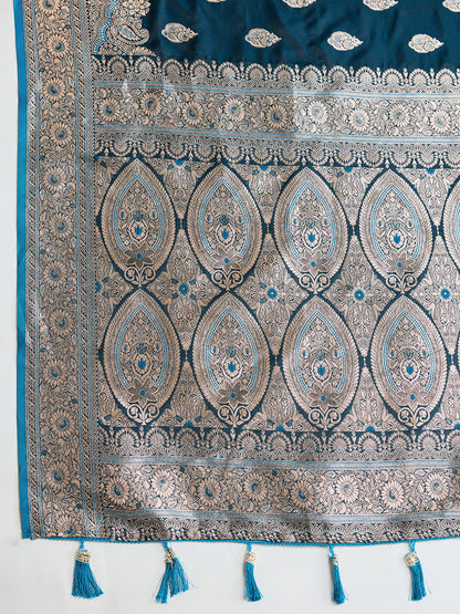 ANNU TEAL PURE SILK SAREE FEATURING TRADITIONAL BANARSI ZARI WEAVING PATTERNS