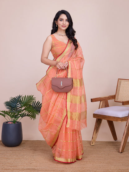 NIMIDIYA PEACH ZARI WOVEN KOTA DORIA SILK SAREE