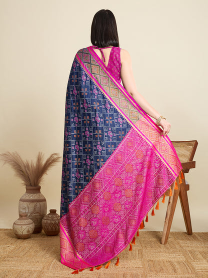SATRANI NAVY PRINTED SAREE WITH UNSTITCHED BLOUSE
