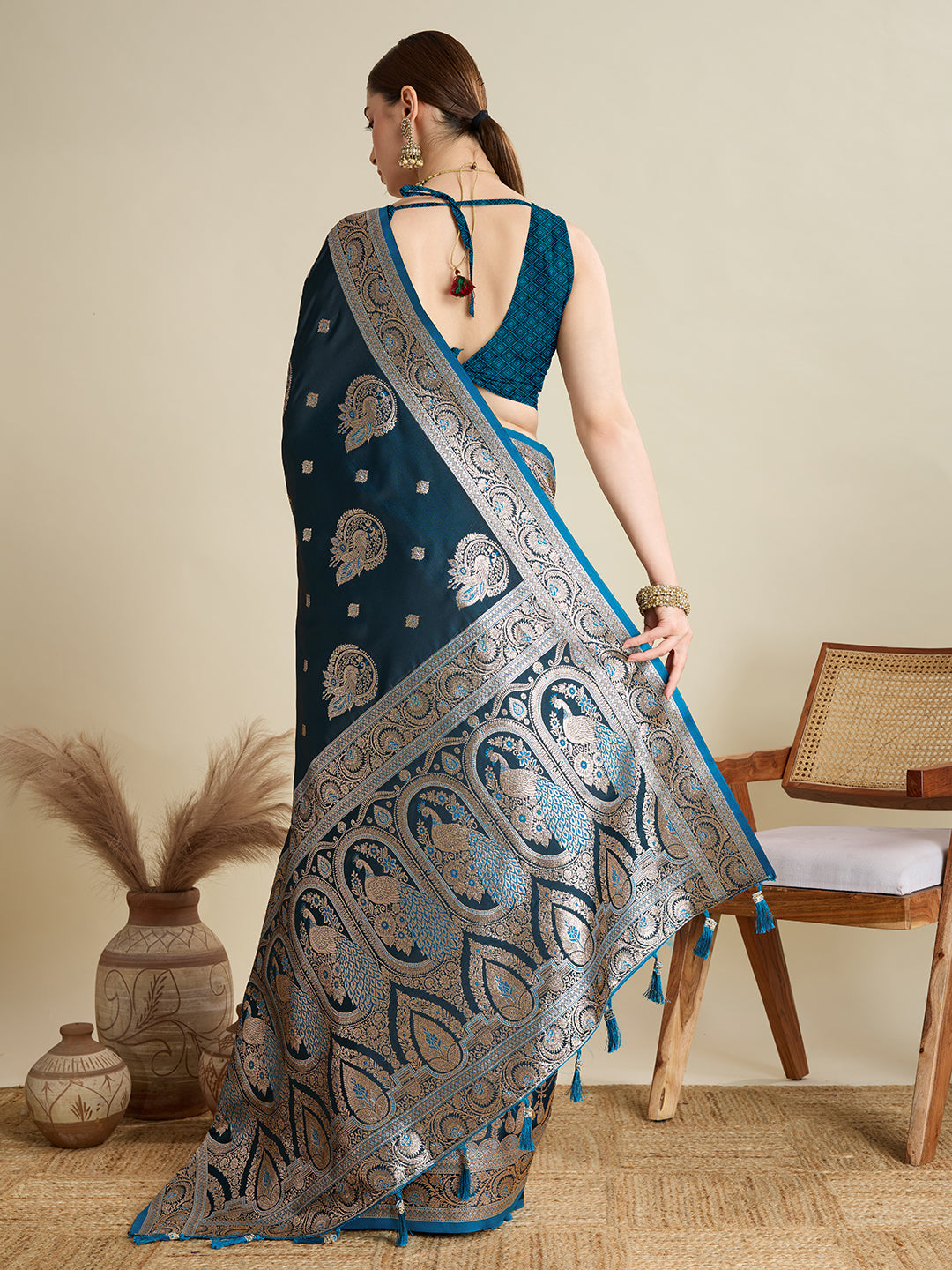 KAVYA BLUE SATIN SILK ZARI WOVEN SAREE