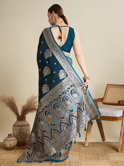 KAVYA BLUE SATIN SILK ZARI WOVEN SAREE