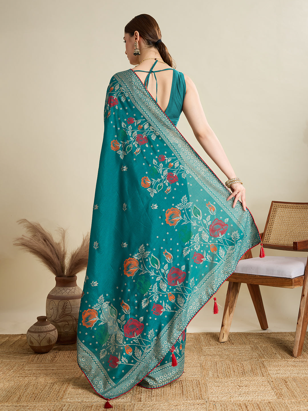 TEAL PRINTED COTTON SAREE WITH BLOUSE PIECE