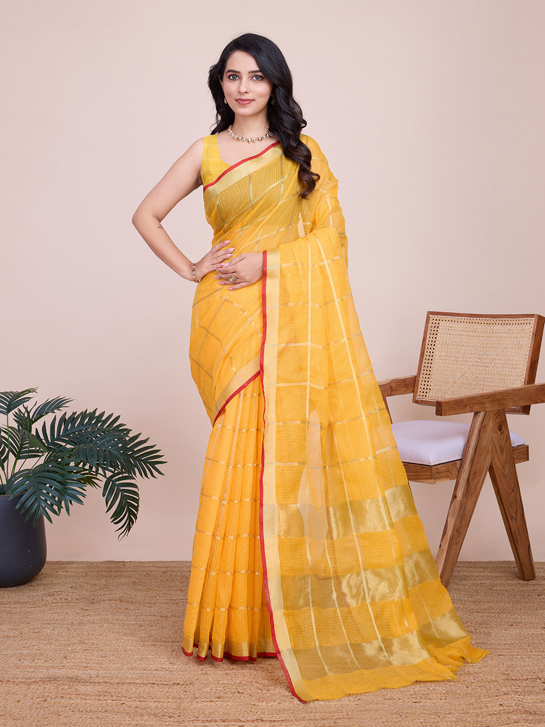 NIMIDIYA PEACH ZARI WOVEN KOTA DORIA SILK SAREE