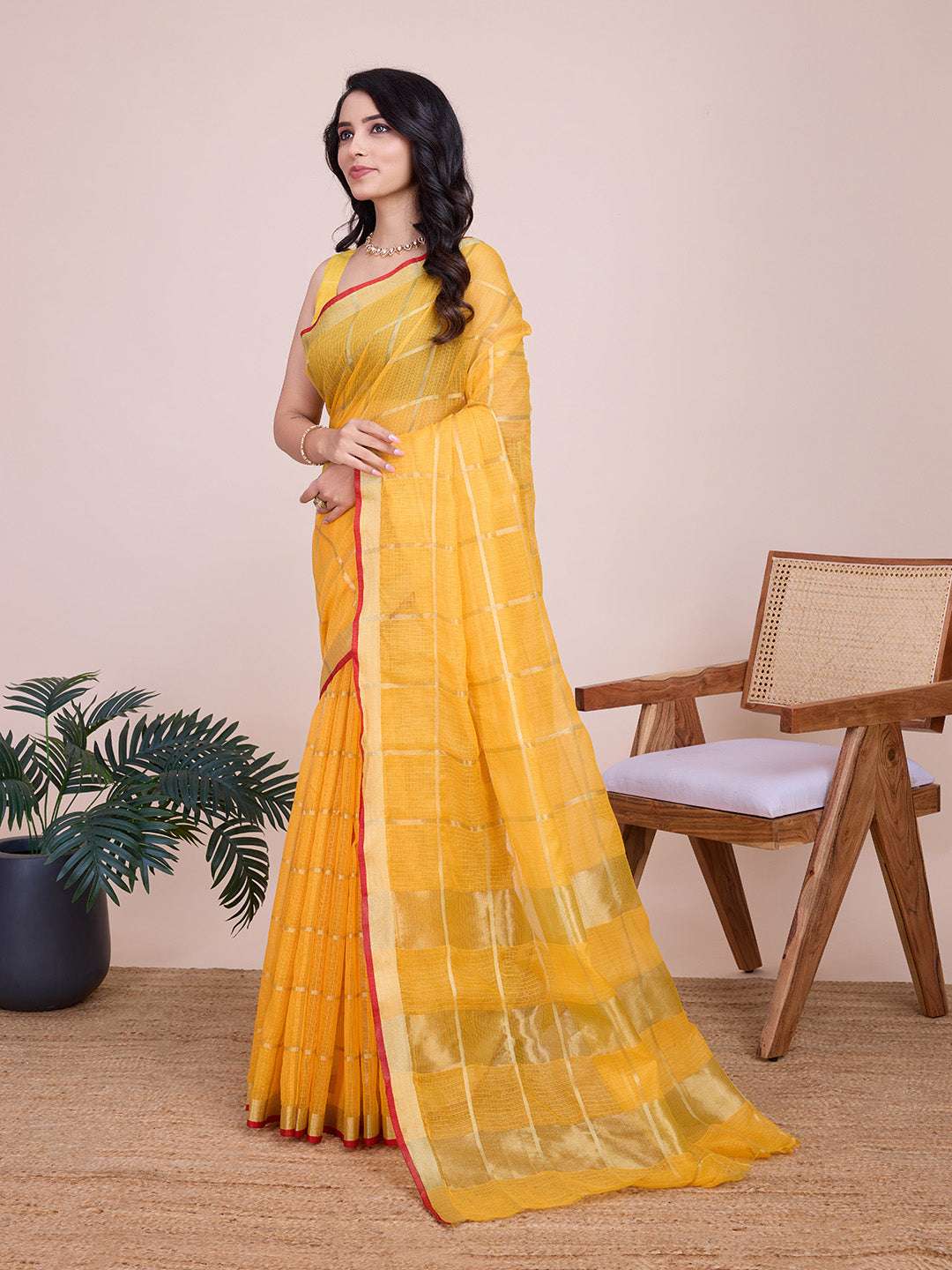 NIMIDIYA PEACH ZARI WOVEN KOTA DORIA SILK SAREE