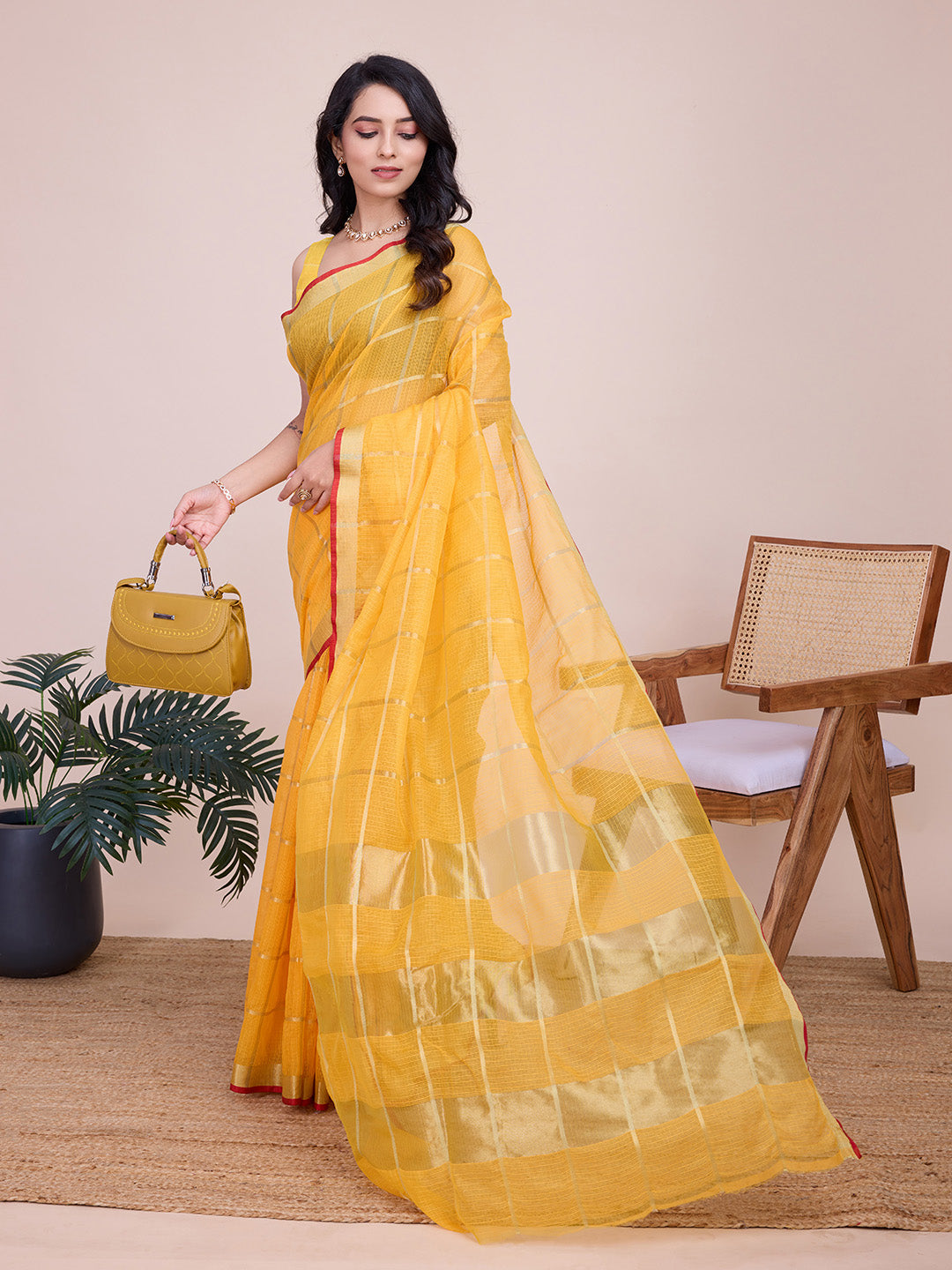 NIMIDIYA PEACH ZARI WOVEN KOTA DORIA SILK SAREE