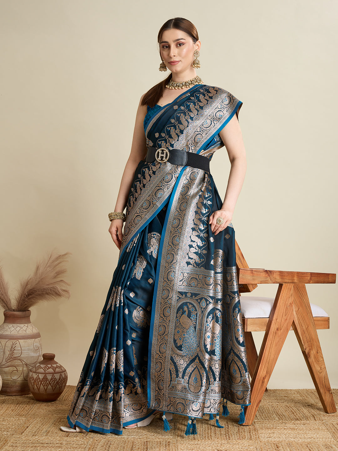 KAVYA BLUE SATIN SILK ZARI WOVEN SAREE