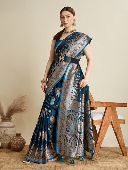 KAVYA BLUE SATIN SILK ZARI WOVEN SAREE