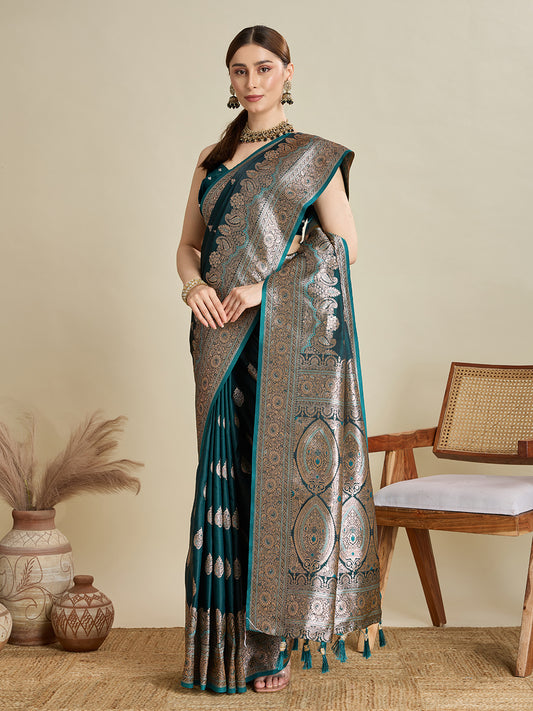 ANNU TEAL PURE SILK SAREE FEATURING TRADITIONAL BANARSI ZARI WEAVING PATTERNS