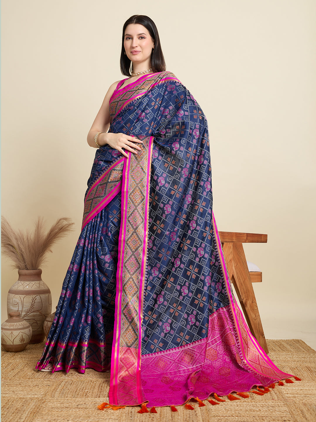 SATRANI NAVY PRINTED SAREE WITH UNSTITCHED BLOUSE