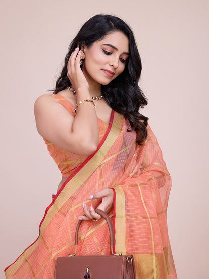 NIMIDIYA PEACH ZARI WOVEN KOTA DORIA SILK SAREE