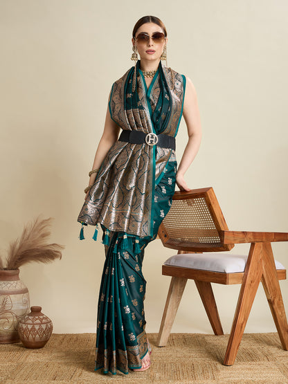 SMRITI TEAL PURE SILK SAREE FEATURING TRADITIONAL BANARSI ZARI WEAVING PATTERNS