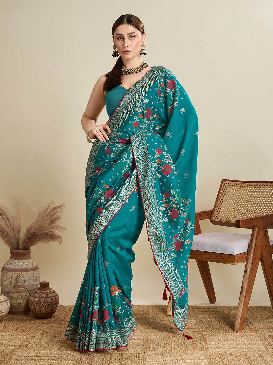 TEAL PRINTED COTTON SAREE WITH BLOUSE PIECE
