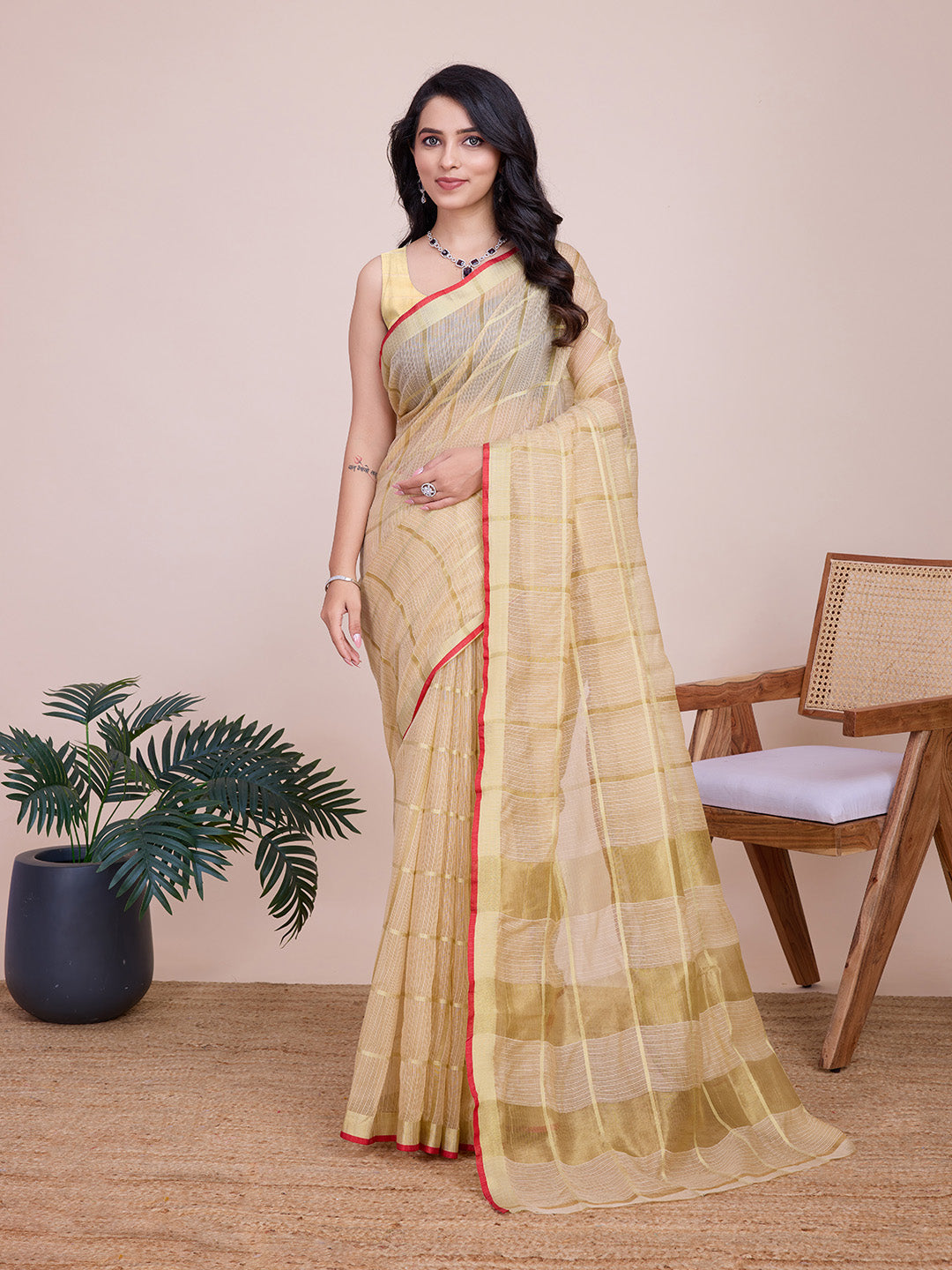 NIMIDIYA PEACH ZARI WOVEN KOTA DORIA SILK SAREE
