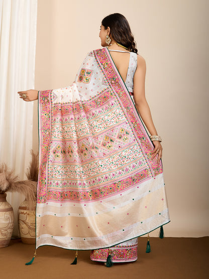 WHITE RAJWADI PASHMINA SILK BLEND WEAVING KASHMIRI THREAD WOVEN SAREE