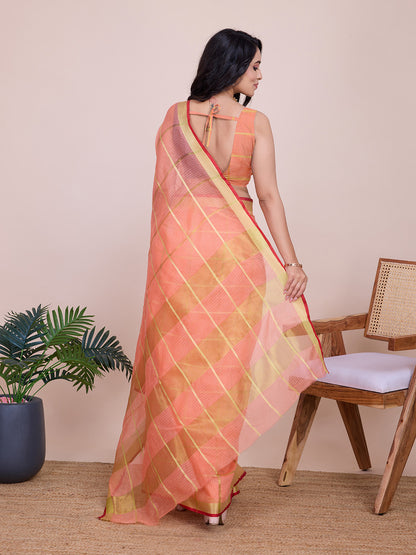 NIMIDIYA PEACH ZARI WOVEN KOTA DORIA SILK SAREE