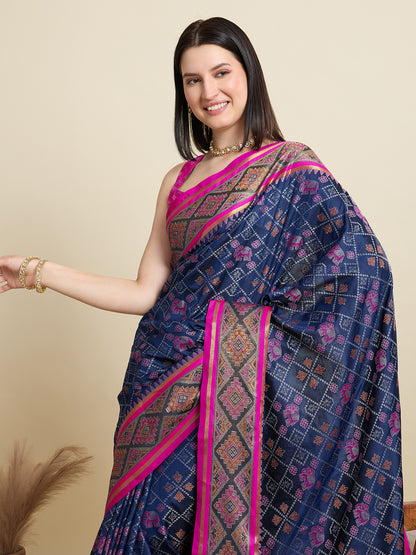 SATRANI NAVY PRINTED SAREE WITH UNSTITCHED BLOUSE