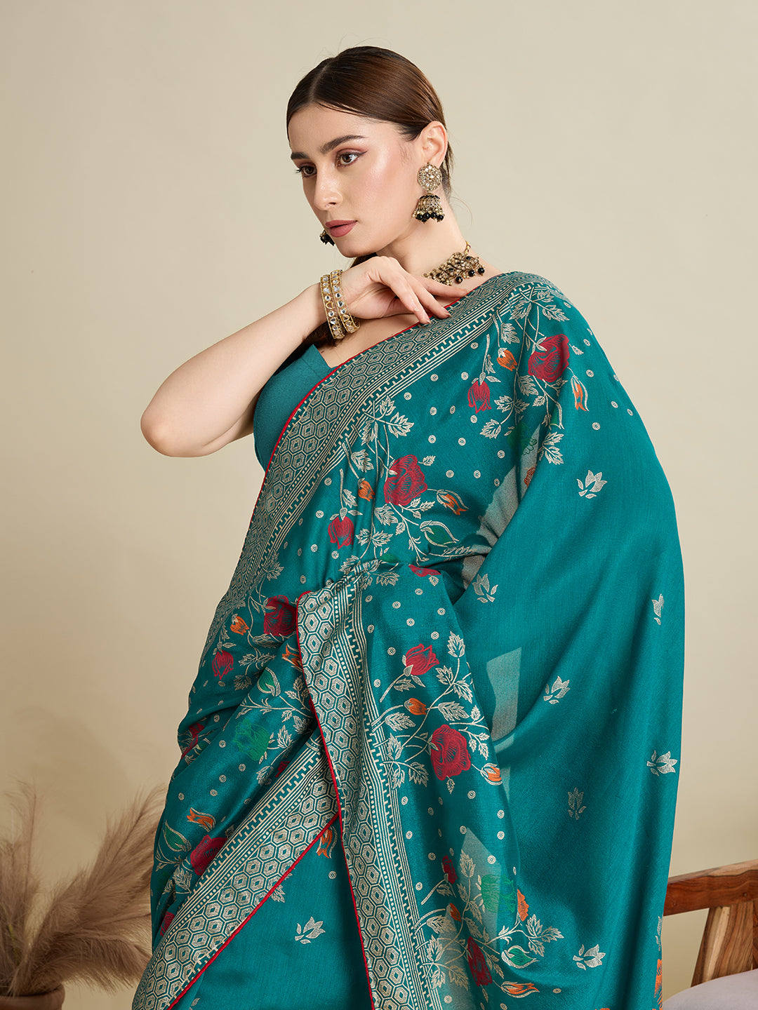 TEAL PRINTED COTTON SAREE WITH BLOUSE PIECE