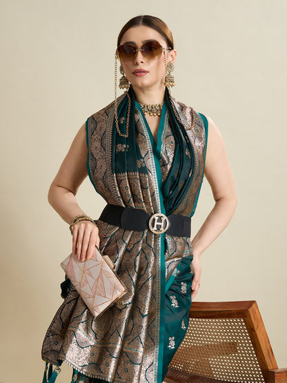 SMRITI TEAL PURE SILK SAREE FEATURING TRADITIONAL BANARSI ZARI WEAVING PATTERNS