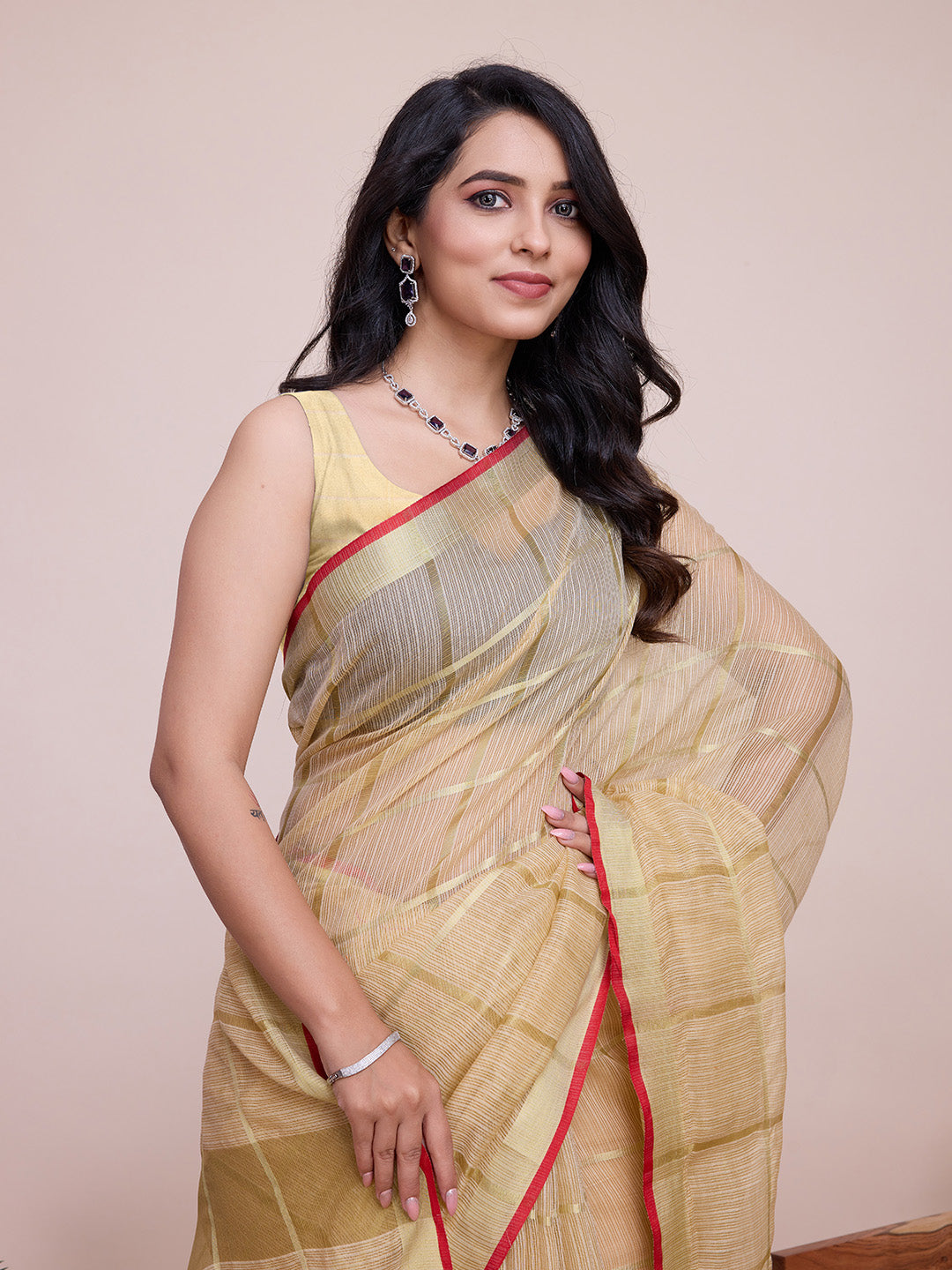 NIMIDIYA PEACH ZARI WOVEN KOTA DORIA SILK SAREE