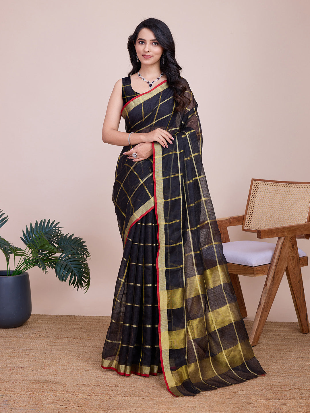 NIMIDIYA PEACH ZARI WOVEN KOTA DORIA SILK SAREE
